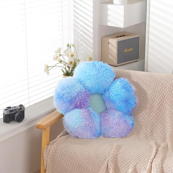 Faux Fur Pillow,Flower Shaped Throw Pillow Butt Cushion Flower Floor Pillow,Seating Cushion,Cute Room Decor & Plush Pillow for Bedroom Sofa Chair (19.7 Inches, Rainbow Blue)