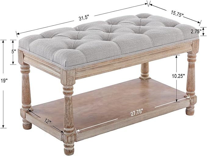 Farmhouse Storage Bench Wooden Entryway Linen Upholstered Ottoman Button Tufted Bench for Bedroom End of Bed Hallway Organizer, Grey, 32 Inch