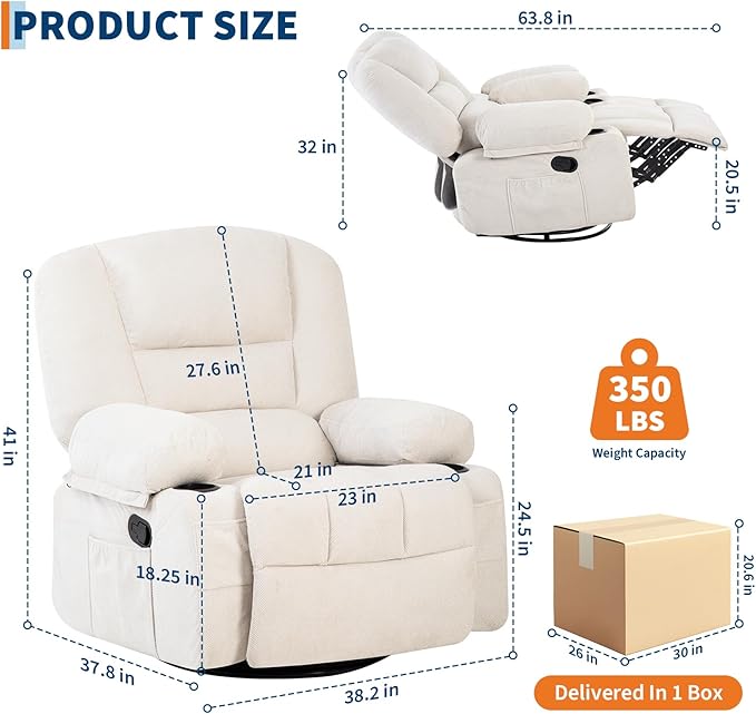 Rocker Recliner Chairs for Adults w/Vibration Massage and Heating,360° Swivel Rocker Glider Recliner,Extra Wide Manual Lazy Chair,Chenille Fabric Sofa Chair for Living Room,Bedroom,White