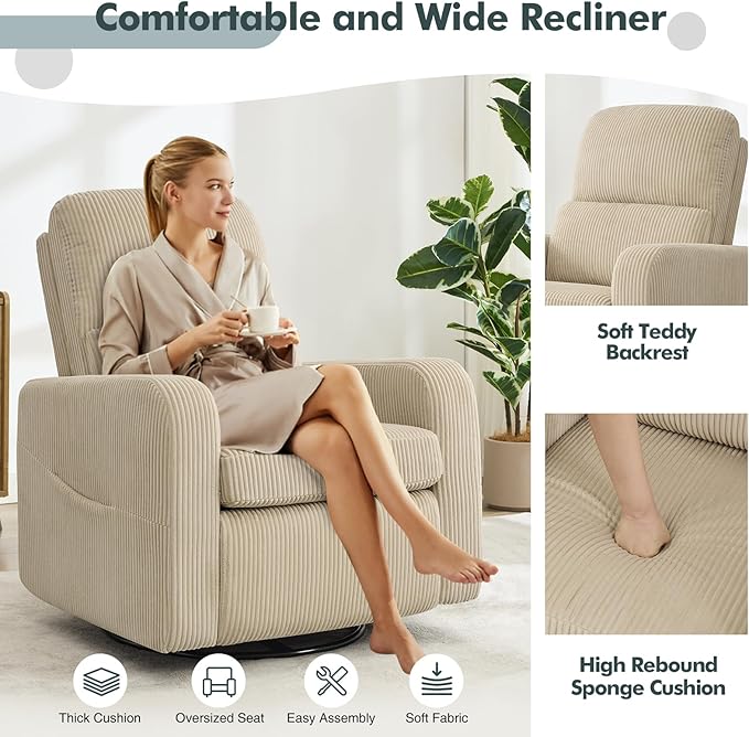 AEMEIOS Swivel Rocker Recliner, Oversized Manual Nursery Glider Rocking Recliner Chair with Removable Cushion, Upholstered Swivel Reclining Chair for Nursery Living Room Bedroom, Corduroy Camel
