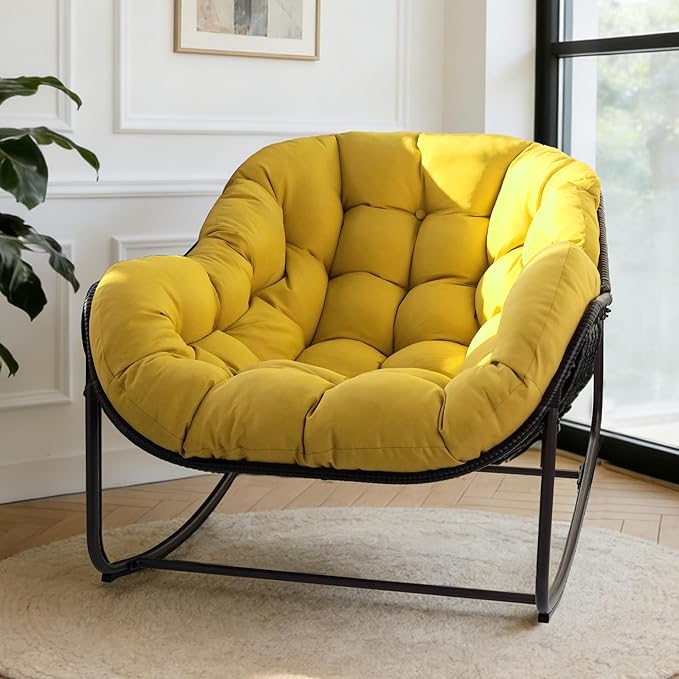 Sgentle Papasan Rocking Chair Outdoor, Oversized Patio Rocking Chair with Cushions & Steel Frame, Wicker Egg Lounge Chair Indoor, Comfy Reading Chair for Patio, Deck, Porch (Yellow, Style 1)