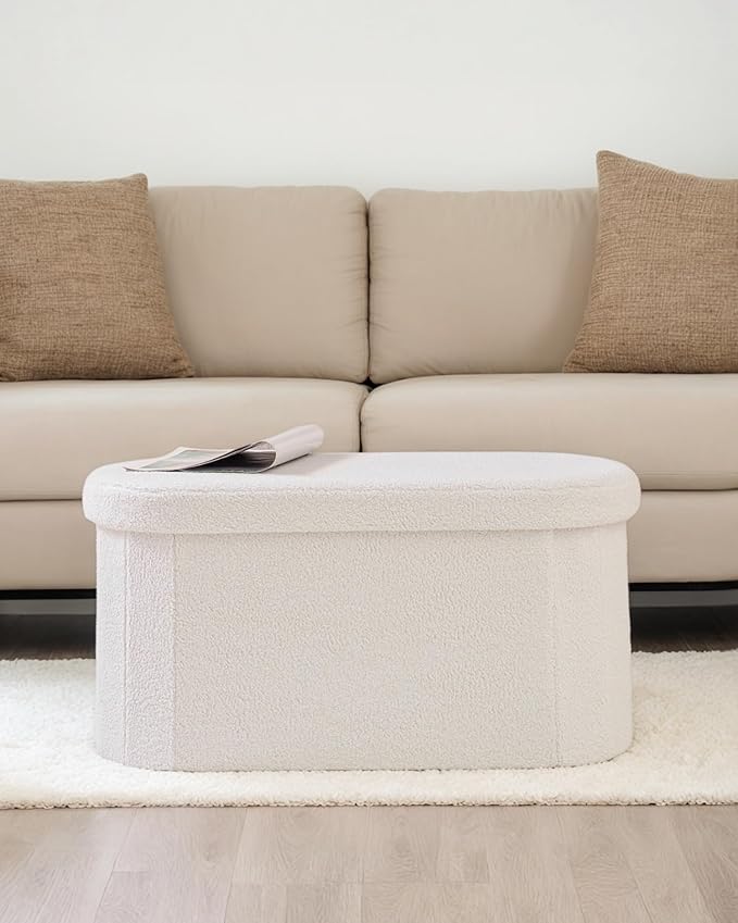 30" Oval Foldable Ottoman with Storage, Teddy Boucle Fabric Footrest, Storage Bench for Living Room, Bedroom, Entryway, Dorm, White