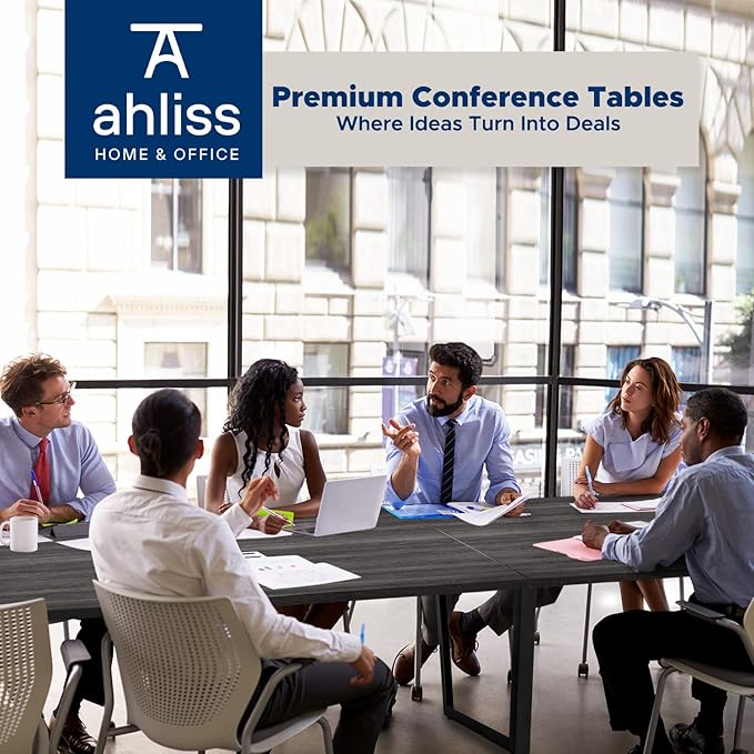 ahliss Sturdy Conference Table with Cable Management Grommets Modern Rectangle Office Meeting Table with Wood Tabletop and Metal Frame & Legs- Easy Assembly Boardroom Table (Grey, 12 Foot)
