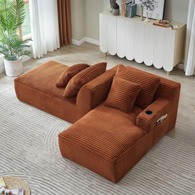 71" Oversized Double Chaise Lounge Sofa Indoor Boneless Sleeper Daybed, Fluffy Corduroy Upholstered Compressed Cloud Couch Loveseat Sofabed, Floor Chair w/Cupholders, Side Pockets for Living Room