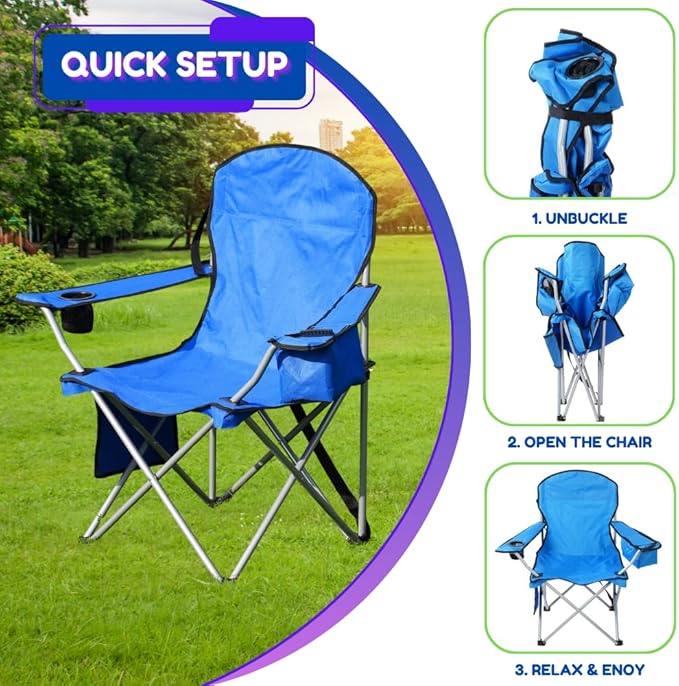 EZONE 2-Pack Camping Chairs with Built-in Ice Cooler, Portable Chair, Storage Pocket, Cup Holder, and Carry Bag Perfect for Camping, Tailgating, Fishing, Beach, and Lawn (2, Blue)