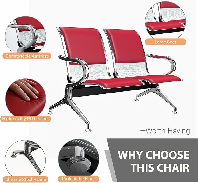 Kinfant 4-Seat Waiting Room Chairs with Arms – Heavy-Duty Steel Frame PU Leather Back & Cushioned Seat, Ergonomic Office Reception Guest Chair for Lobby, Clinic, Airport, Red