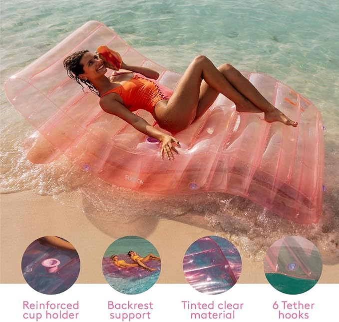 FUNBOY Giant Inflatable Luxury Clear Pale Pink Chaise Lounger, Chair Pool Float for Adults, Transparent Seaglass Green Material, Perfect for a Summer Pool Party