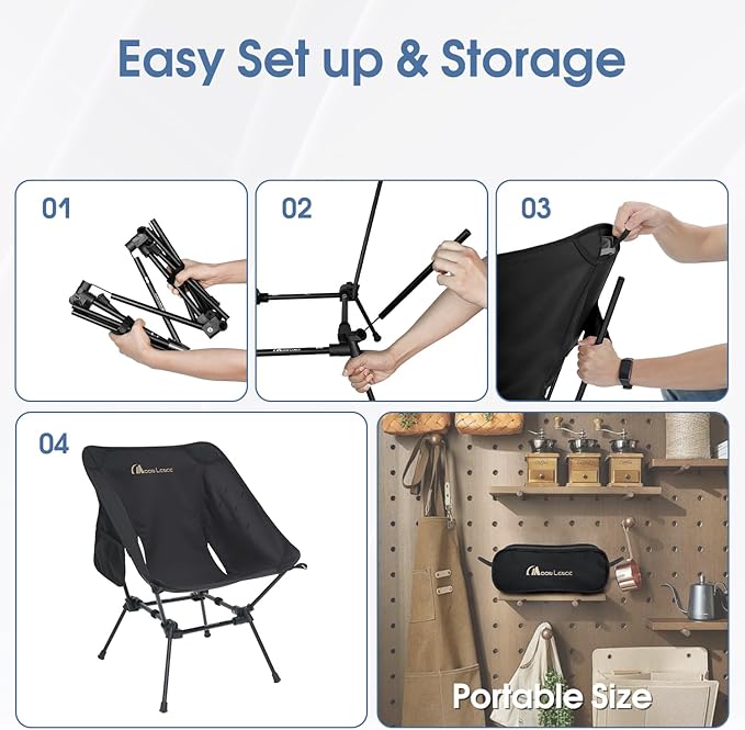 MOON LENCE Portable Camping Chair, Backpacking Chair, Ultralight & Compact, 330 lbs Capacity, for Outdoor Camp, Travel, Beach, Picnic, Hiking (Black)