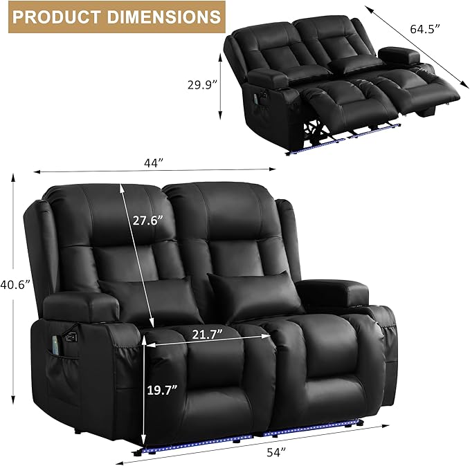 URRED Loveseat Recliner Sofa with Massage and Heat, Power Reclining Loveseat Sofa RV Couch Home Theater Seating with LED Lights, Cup Holders, Side Pockets, USB, Pillows, Faux Leather, Black