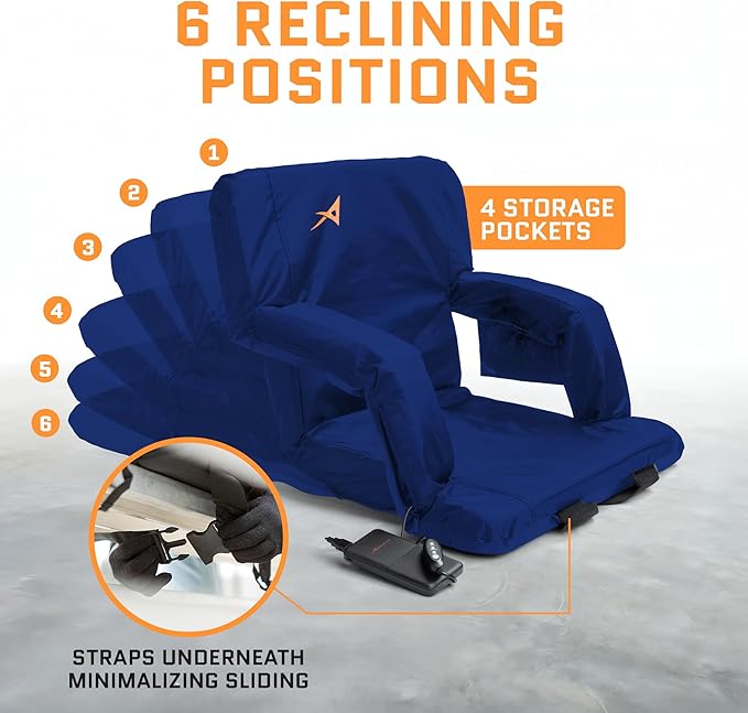 Heated Stadium Seats for Bleachers with Back Support – USB Battery Included - Upgraded 3 Levels of Heat - Foldable Chair - 4 Pockets for Snacks, Cup Holder - for Camping, Games & Sports (Navy Blue)