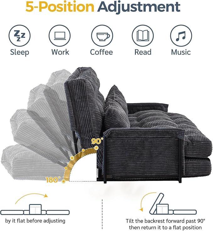 MAXYOYO Adjustable Floor Sofa Couch with 2 Pillows, Multi-Functional Bean Bag Bed, 5-Position Foldable Lazy Sofa Sleeper Bed with Armrest, Versatile Floor Seating for Reading, Dark Grey, Double