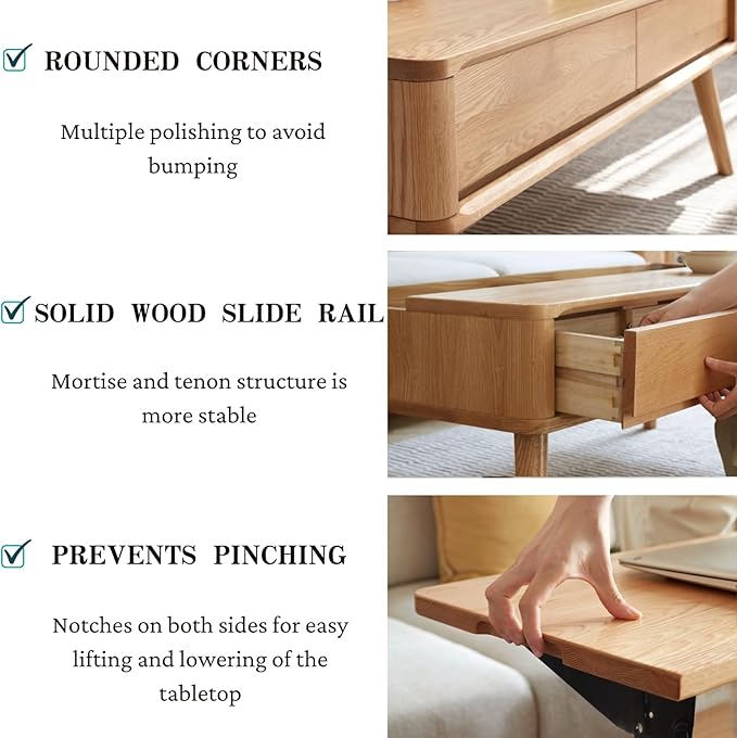 Lift Top Coffee Table with Storage - 100% Solid Oak Wood Lift Coffee Table - 39 Inch Wooden Coffee Table for Living,Dining and Working