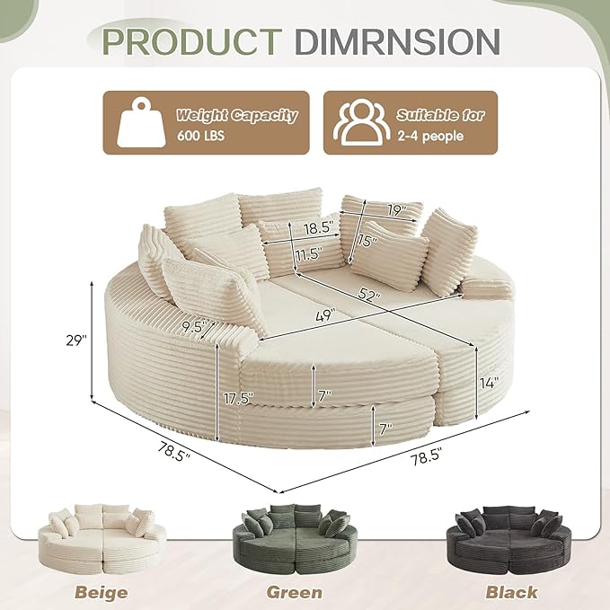 78-inch Oversized Round Chaise Lounge Chair Indoor, Convertible Folding Sofa Bed w/ 10 Pillows, Fluffy Corduroy Boneless Compressed Memory Foam Couch for Living Room, Bedroom (Beige, Left & Right)
