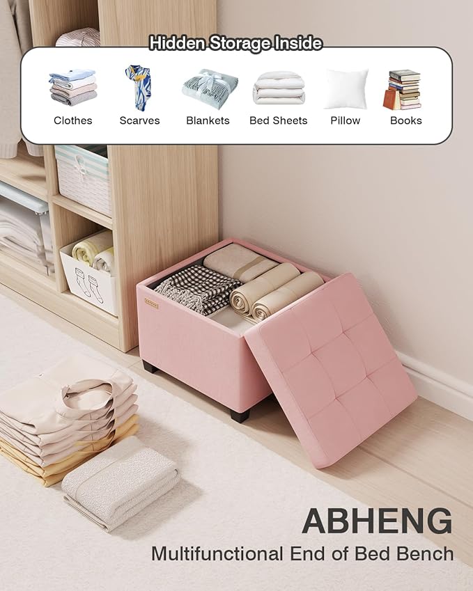 ABHENG 17.7 inches Velvet turfed Ottomans Cube with Storage, Metal-Framed Square Storage Ottoman Foot Rest Stool Holds 770 LB for Dorm Living Room Bedroom Pink UASND64P
