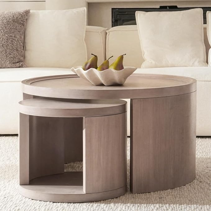 FAME HOME Round Nesting Coffee Table Set of 2,31.5" Large & 18" Small Low Tables with Wood Look Top,Space-Saving Side Tables for Living Room,Bedroom,Office,Minimalist Center Table Set (Gray, L+S)