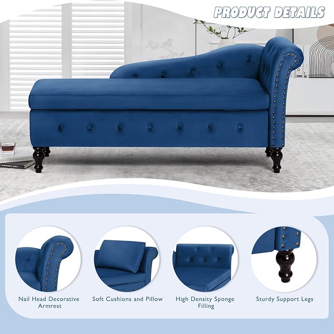 ACMEASE Upholstered Chaise Lounge with Right Armrest & Lumbar Pillow,Button Tufted Lounge Sofa with Storage,Lounge Chair Indoor,Modern Velvet Lounge Chair for Bedroom, Living Room and Office,Blue
