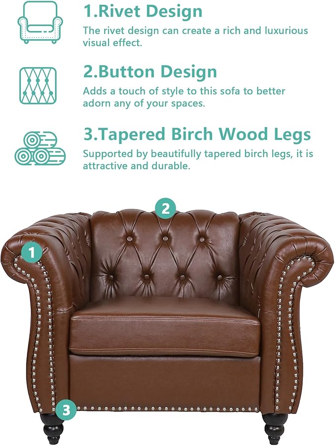 QHITTY Chesterfield Chair Accent Chair, Modern Leather Upholstered Sofa Chair with Tufted Back for Living Room Furniture (Dark Brown)