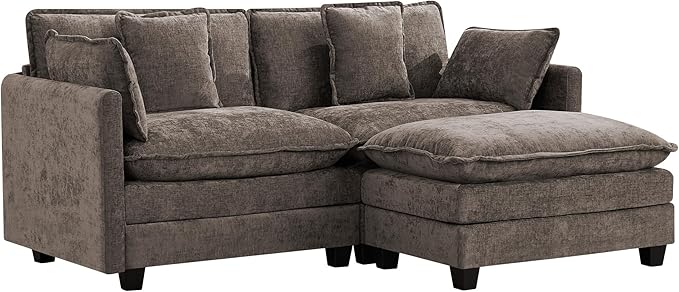 UMBFUN Cloud Couch Loveseat with Ottoman, Oversized Comfy Modular Sectional L Shaped Sofa with Deep Seat Cushions, Chenille 2-Seater Lounge Set for Living Room, Brown