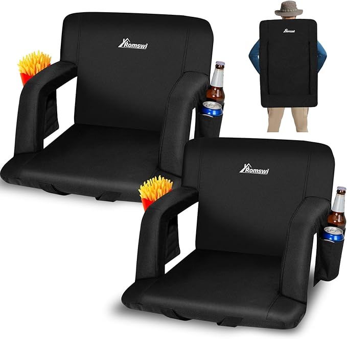 Romswi 2 Pack Etra Wide Backpack Reclining Stadium Seat with Armrests, 6 Adjustable Angle & Hidden Hooks, Bleacher Chair with Padded Backpack Straps & Multiple Pockets for Outdoor (25in)