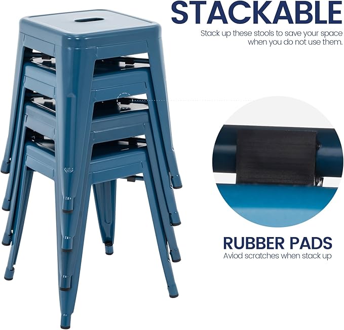 Brage Living 18 Inch Industrial Metal Stools Set of 4, Stackable Classroom Stools, Backless Metal Dining Chairs for Indoor Outdoor, Kitchen Short (Deep Blue)