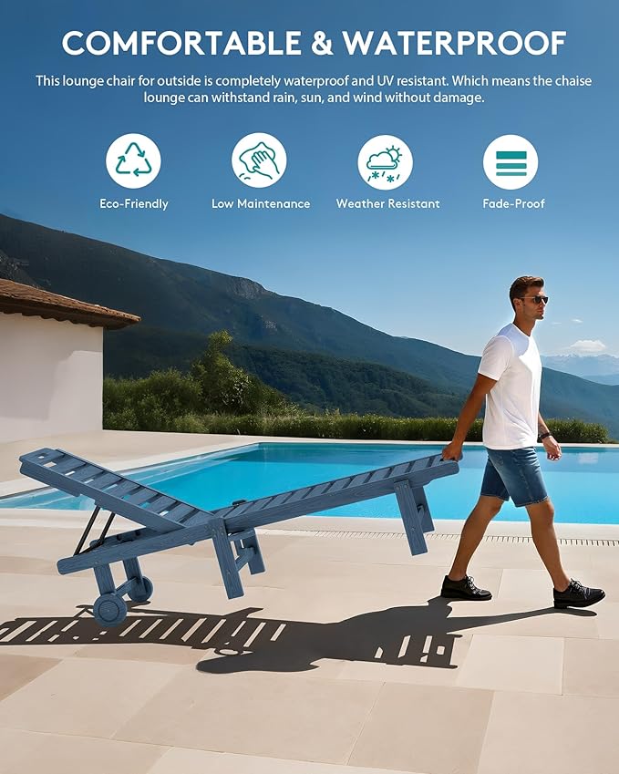 SERWALL Patio Chaise Lounge Set of 2, 78" Long Outdoor Lounger with Cup Holder and Rolling Wheels, HDPE Pool Chaise for Poolside, Deck, Sunbathing, Blue