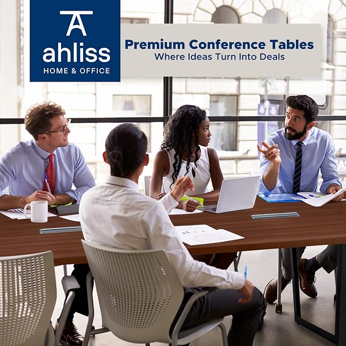 ahliss Sturdy Conference Table with Cable Management Grommets Modern Rectangle Office Meeting Table with Wood Tabletop and Metal Frame & Legs- Easy Assembly Boardroom Table (Mahogany, 8 Foot)