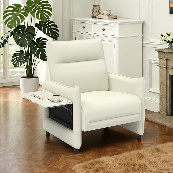 Upholstered Accent Sofa, Modern Faux Leather Sofa Chair with Hidden Foldable Tray & Side Pocket, Front Contour Arm Design, Small Accent Sofa for Bedroom, Beige