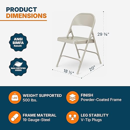 OEF Furnishings OEF50 Series All-Steel Heavy-Duty Folding Chairs with 500 lb Weight Capacity (4-Pack, Gray)