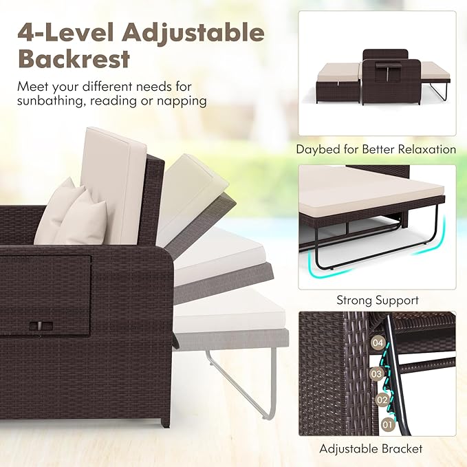 RELAX4LIFE Wicker Patio Outdoor Daybed - Rattan Day Bed Lounger with Loveseat & Storage Ottoman, Sunbed Sofa Set w/Cushions, 4-Level Adjustable Backrest & 2 Retractable Trays, Patio Daybed (Beige)