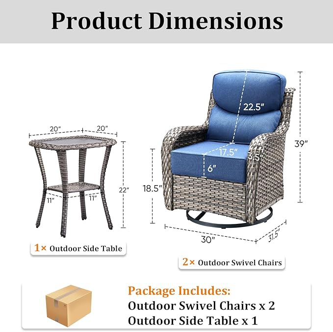 Pugire Luxury Outdoor Swivel Rocker Patio Chairs Set of 3, High Back Swivel Patio Chairs with Side Table & 6-Inch Thick Cushions, Wicker Outdoor Bistro Set for Porch, Yard, Deck, Poolside, Grey/Blue