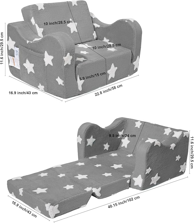 Toddler Couch, Kids Couch for Toddler Fold Out, 2-in-1 Convertible Kid Sofa to Lounger Bed for Girls and Boys, Ideal for Reading Sleeping Gaming Decor (Gray)