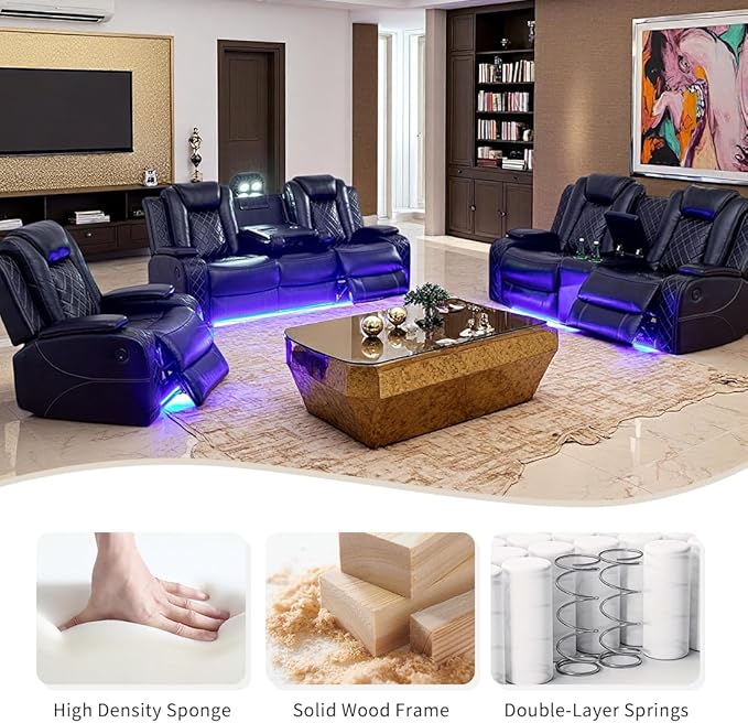 Leather Recliner Loveseat Set with LED Light, Power Black Leather Sectional Set, Living Room Furniture Sets 2 Seats, Modern Power Reclining Sofa Sets with Storage Console/Cup Holder for Living Room