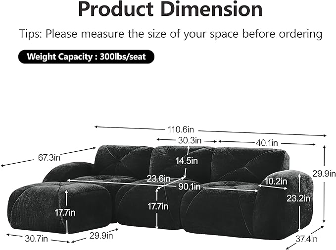 Modular Sectional Sofa with Free Combination,Boneless Floor Couch for Living Room & Lounge,Velvet 3-Seater Sectional Couch with Ottoman,No Assembly Needed