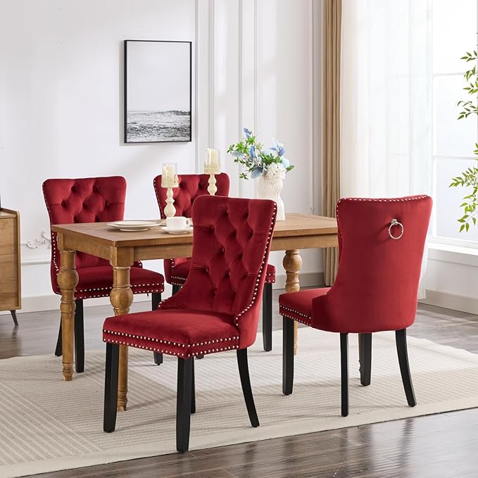 YeahFurn Mid Century Modern Dining Chairs Set of 6, Velvet Upholstered Kitchen & Dining Room Chairs with Nailhead Trim & Solid Wood Legs, Tufted Kitchen Chairs, Elegant Sillas De Comedor (Red, 6 Pcs)