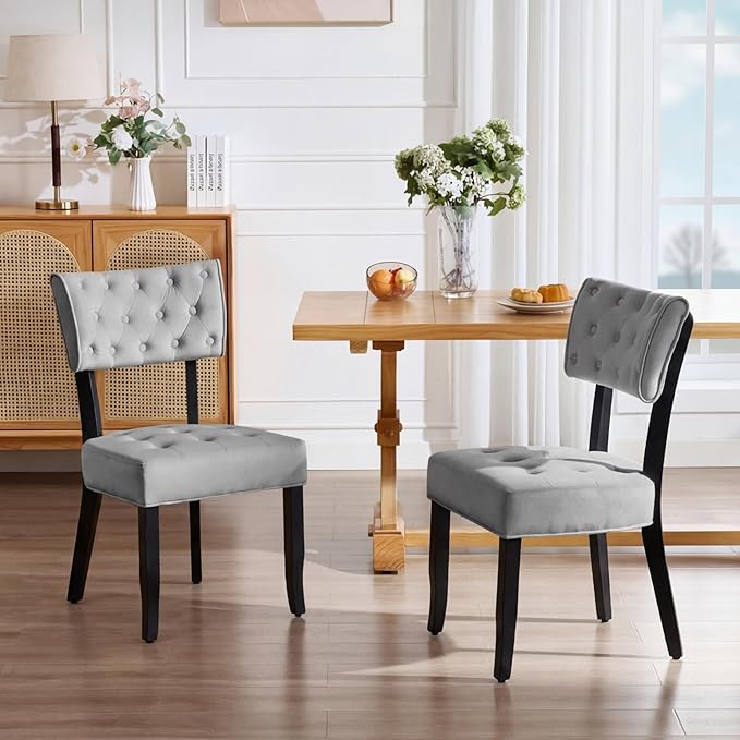 UVV Upholstered Dining Chairs Set of 4, Mid Century Modern Tufted Kitchen Chairs Dining Room Chairs, Velvet Dinner Chair with Wood Legs for Dining Room Kitchen, Light Grey-Black Legs