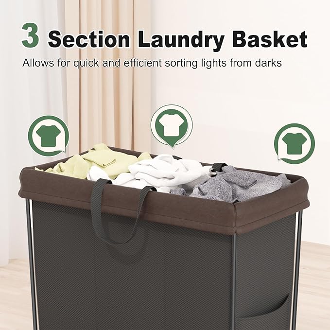 Mefirt 320L Laundry Hamper with Wheels, 3 Section Large Rolling Laundry Basket Bag with Wheels, Clothes Hamper Cart for Laundry, Bedroom, Bathroom and Dorm