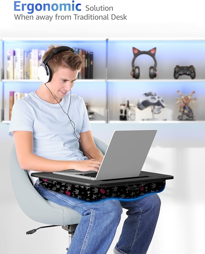 Lap Desk – L.DOCTOR Cushioned Lap Desks, Portable Laptop Desk for Bed, Couch & Floor, Washable Cushion, Built-in Phone & Tablet Slot, Fits 17.3" Laptop – Working, Writing, Gaming – Large, Crown Skull