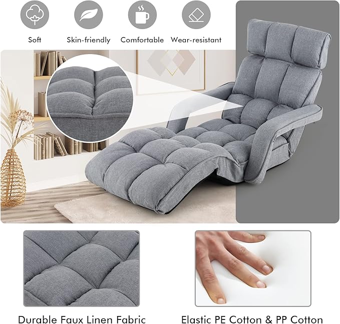 KOMFOTT Foldable Floor Lazy Sofa, Indoor Chaise Lounge Sofa with 6 Adjustable Positions, Folding Chair Bed with Adjustable Armrests, Backrest & Footrest, Ideal for Living Room, Bedroom (Grey)