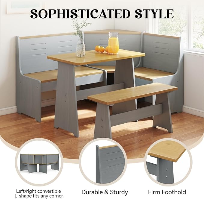Breakfast Nook Corner Dining Table Kitchen Bench Chair Set, Space-Saving 3-5 People Seat Reversible L-Shape for Family Home Grey Wood