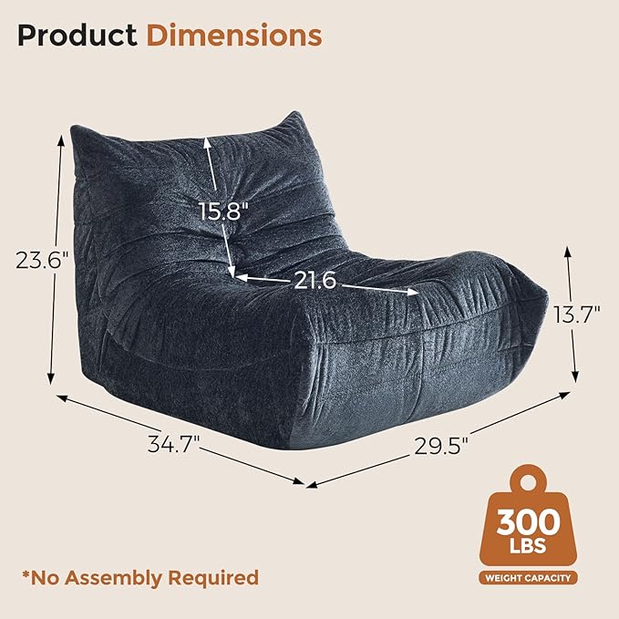 Bean Bag Chairs for Adults, Giant Bean Bag Chair, Memory Foam Beanbag Chair, Bean Bag Sofa for Living Room, Dorms, Apartments, Reading Corner (Black Plush)