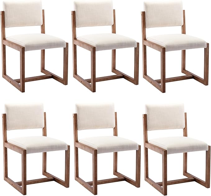 DUOMAY Upholstered Dining Chairs Set of 6, Mid-Century Modern Dining Room Chairs, Linen Fabric Kitchen Side Chairs with Wood Legs, Beige