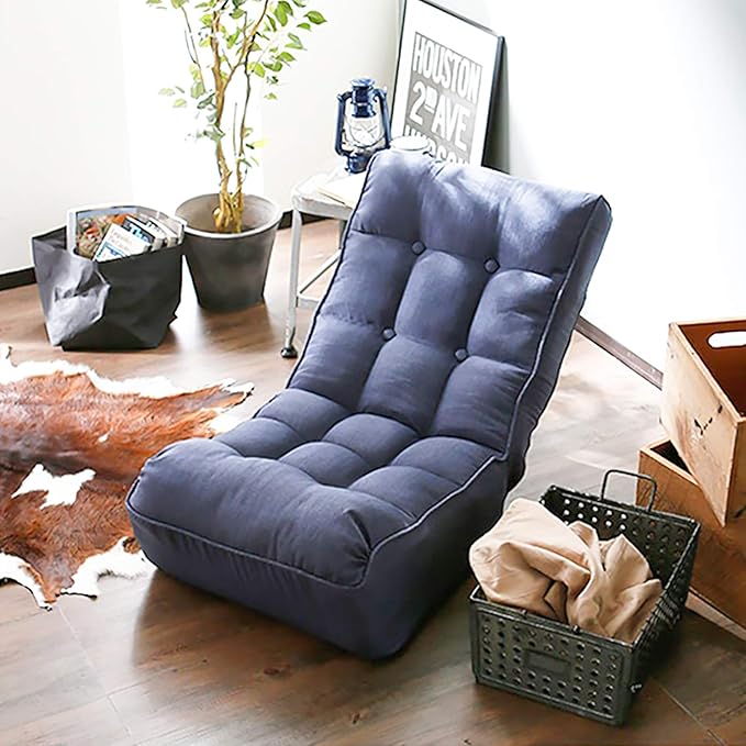 Floor Chair Single Lazy Sofa Leisure Balcony Reclining Japanese Tatami Adjustable Recliner with Ottoman for Living Room, Bedroom, Indoor Use(No Footstool, Navy)