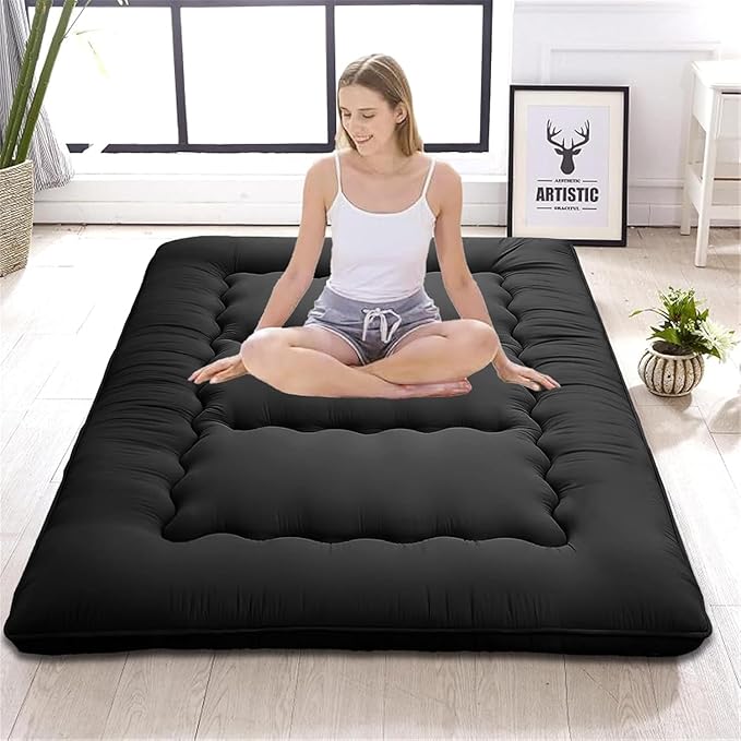 Japanese Floor Mattress,Thicken Japanese Floor Sleeping Pad Foldable,Roll Up Tatami Mat Easy to Store and Portable,Futon Mattress Suitable for Camping and Guest Room (Black, Queen (80" X 60"))