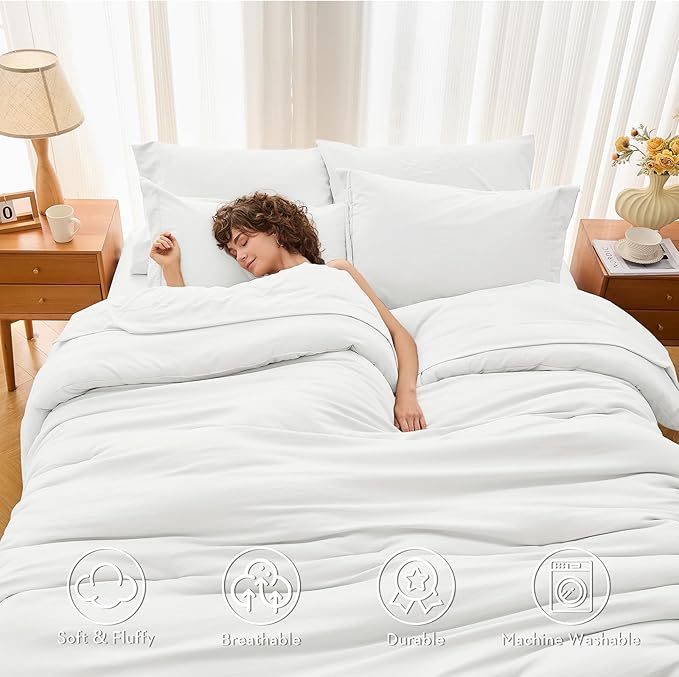 MUXHOMO 7 Pieces Queen Comforter Set, Soft Bed in a Bag Queen Size, All Season Bedding Set with Comforter, Flat Sheet, Fitted Sheet, Pillowcases & Shams, White