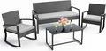 Ahomly 4 Piece Outdoor Patio Furniture Set, Wicker Patio Furniture with Glass Coffee Table, Rocking Wicker Bistro Set, for Backyard, Poolside, Porch (Grey)