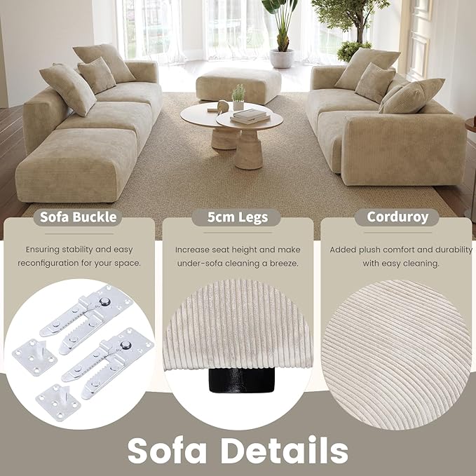 WJShome Modular Sectional Sofa Couch,141.73inch Oversized 3 Seater Sofa,Upholstered with Corduroy Fabric Couches with 5 Pillows,Cushion Covers Removable& Washable