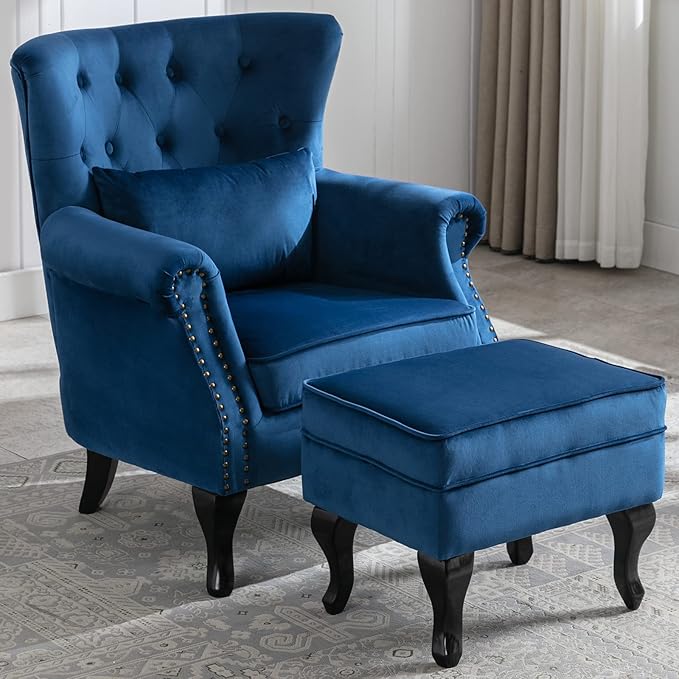 LZAREAL Accent Reading Arm Chairs with Ottoman for Living Room Bedroom, Midcentury Modern Comfy Corner Sofa Chair, Wingback Waiting Room Club Chair with Button Tufted Back &Lumbar Pillow, Velvet Blue