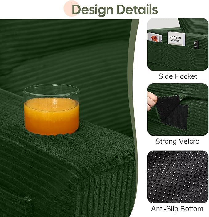 COMAX Futon Sofa Bed 3 Seater, 106" Convertible Sofa Bed Couches for Living Room, 4 in 1 Folding Boneless Sleeper Corduroy Couch Foam in a Box, Comfy Foldable Lounge Fold Out Floor Mattress, Green