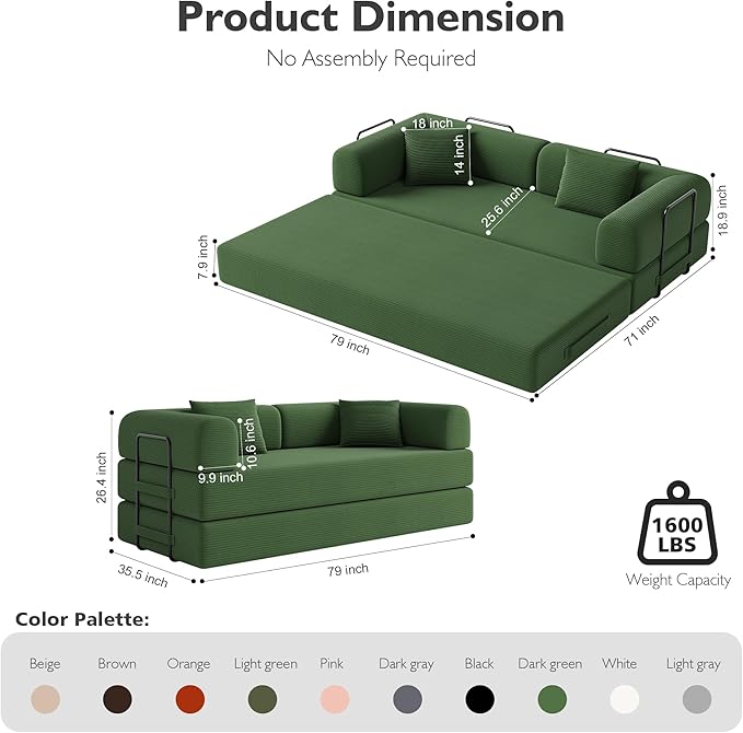 79 Inch 5-in-1 Convertible Sofa Bed, Corduroy Boneless Floor Couch with Fixed Frame & Pillow, Modular Folding Mattress Lounger for Small Space, Living Room, Bedroom - Easy Assembly(Dark Dreen)
