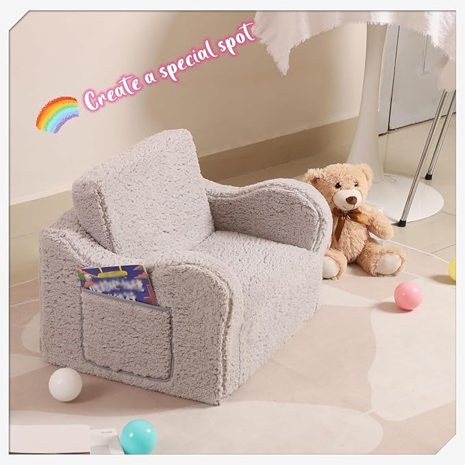 Kids Sofa, 2-in-1 Flip-Out Foam Couch with Soft Sherpa Cover, Cozy Play Lounge Chair, Grey